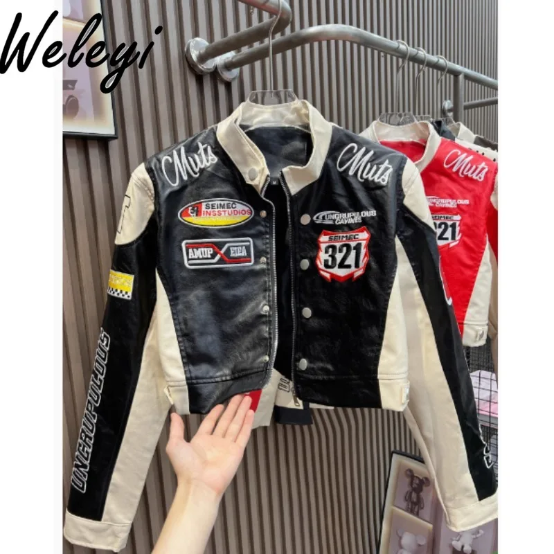 Motorcycle Cool Girl Letters Embroidered PU Leather Jacket 2025 Autumn New Women\'s Stand Collar Zipper Long Sleeve Black Coat