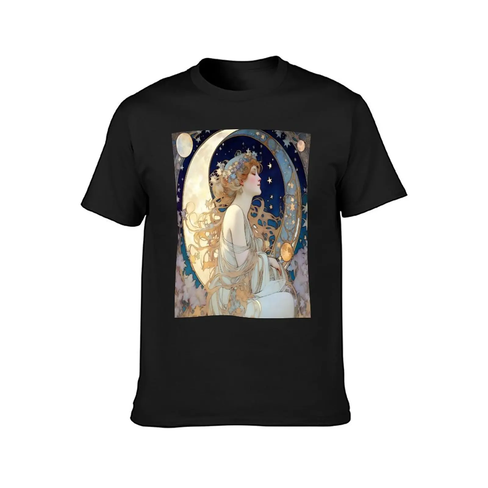 Celestial Dreams Alphonse Mucha Inspired Moon and Stars T-Shirt korean fashion cute tops quick drying men workout shirt