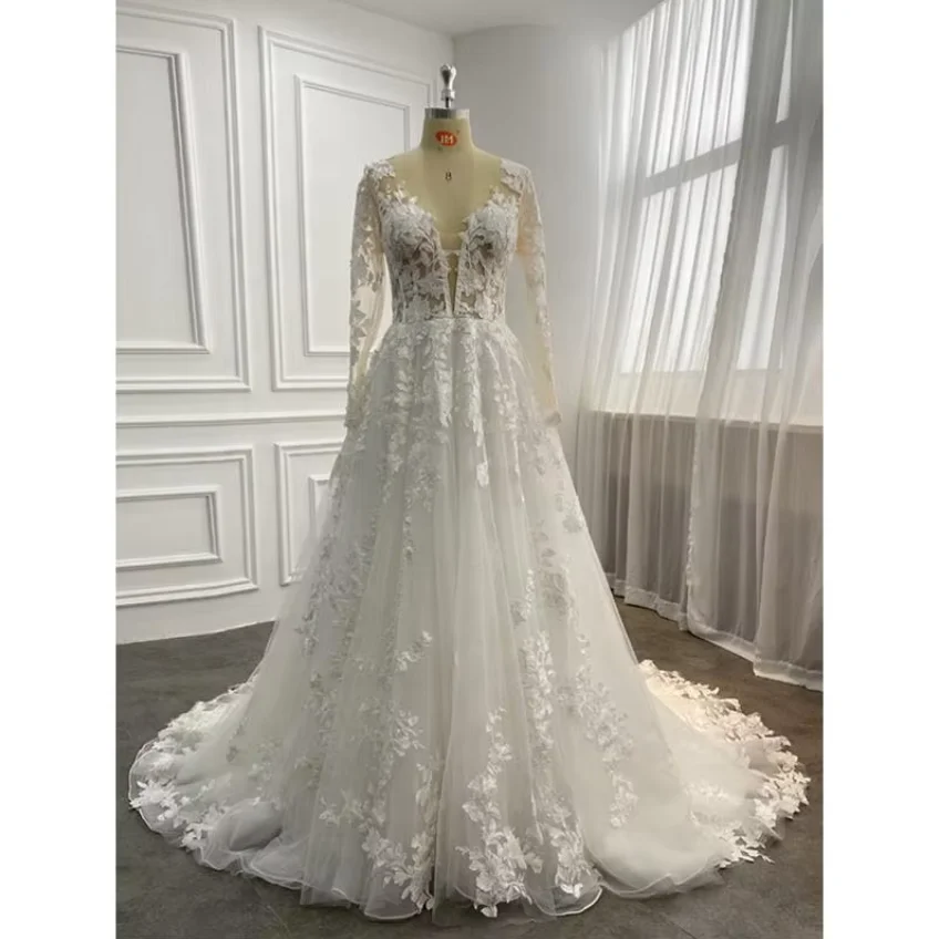 

Lace A-Line Wedding Dresses Chapel Train Customized Long Sleeves V-Neck Floor-Length Bridal Gowns