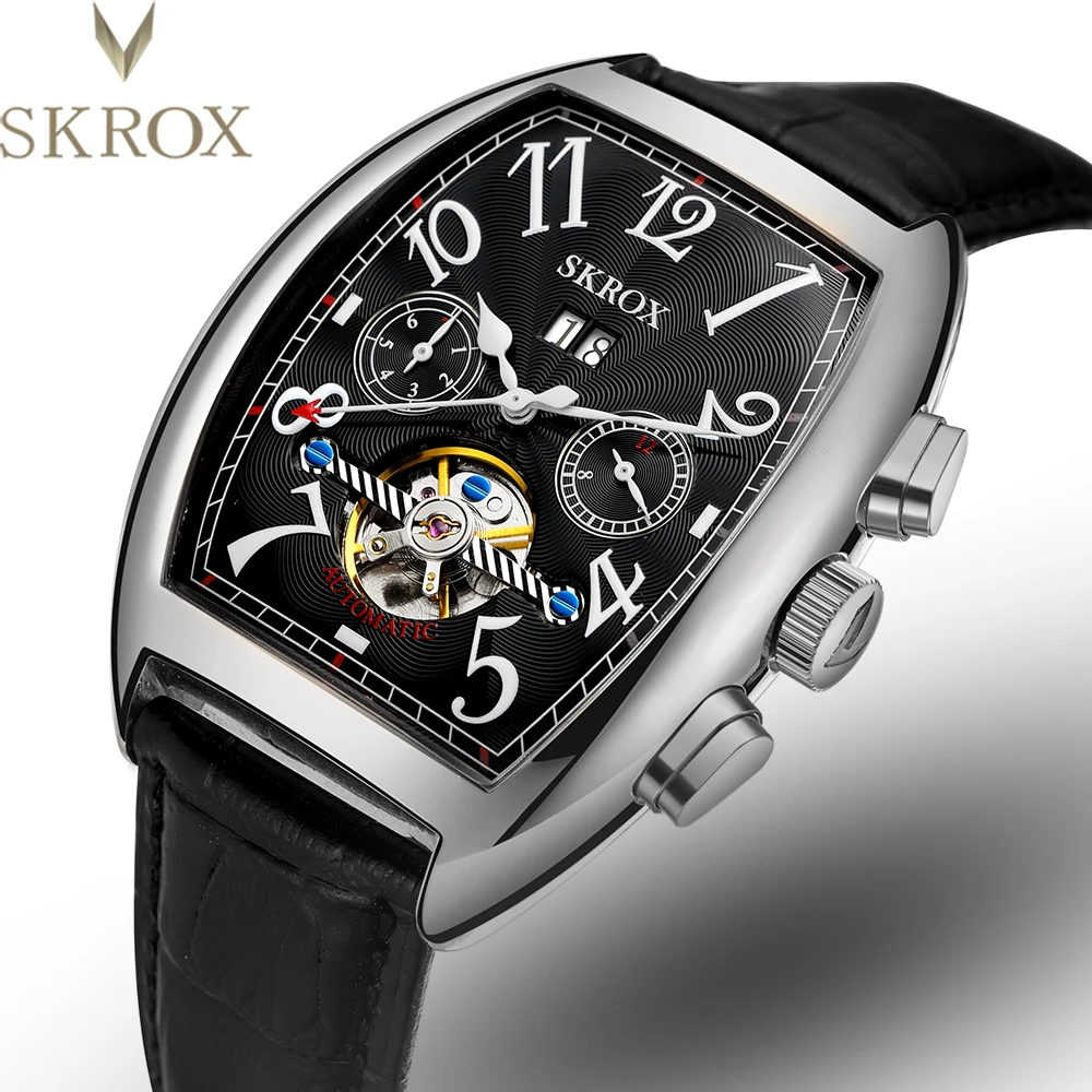 

SKROX Shanghai Automatic Movement Tourbillon Skeleton Tonneau Genuine Man Watch Mechanical Men's Wrist Watches Leather Strap2025