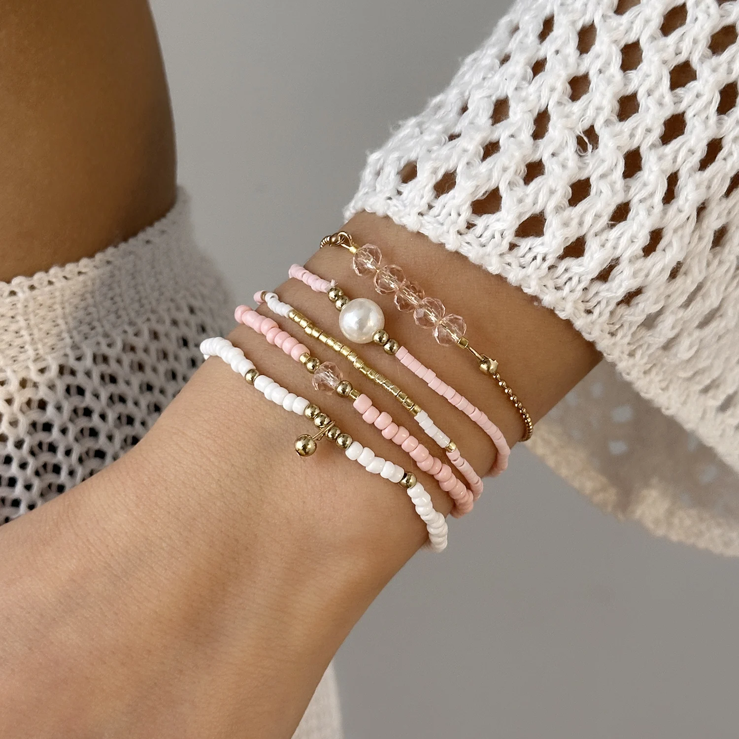 Handgefertigtes schwarzes Glasstein-Armband-Set für Frauen, böhmischer mehrschichtiger gestapelter Reis, Perlen-Gliederkette, Armreif, Modeschmuck – Detail 7