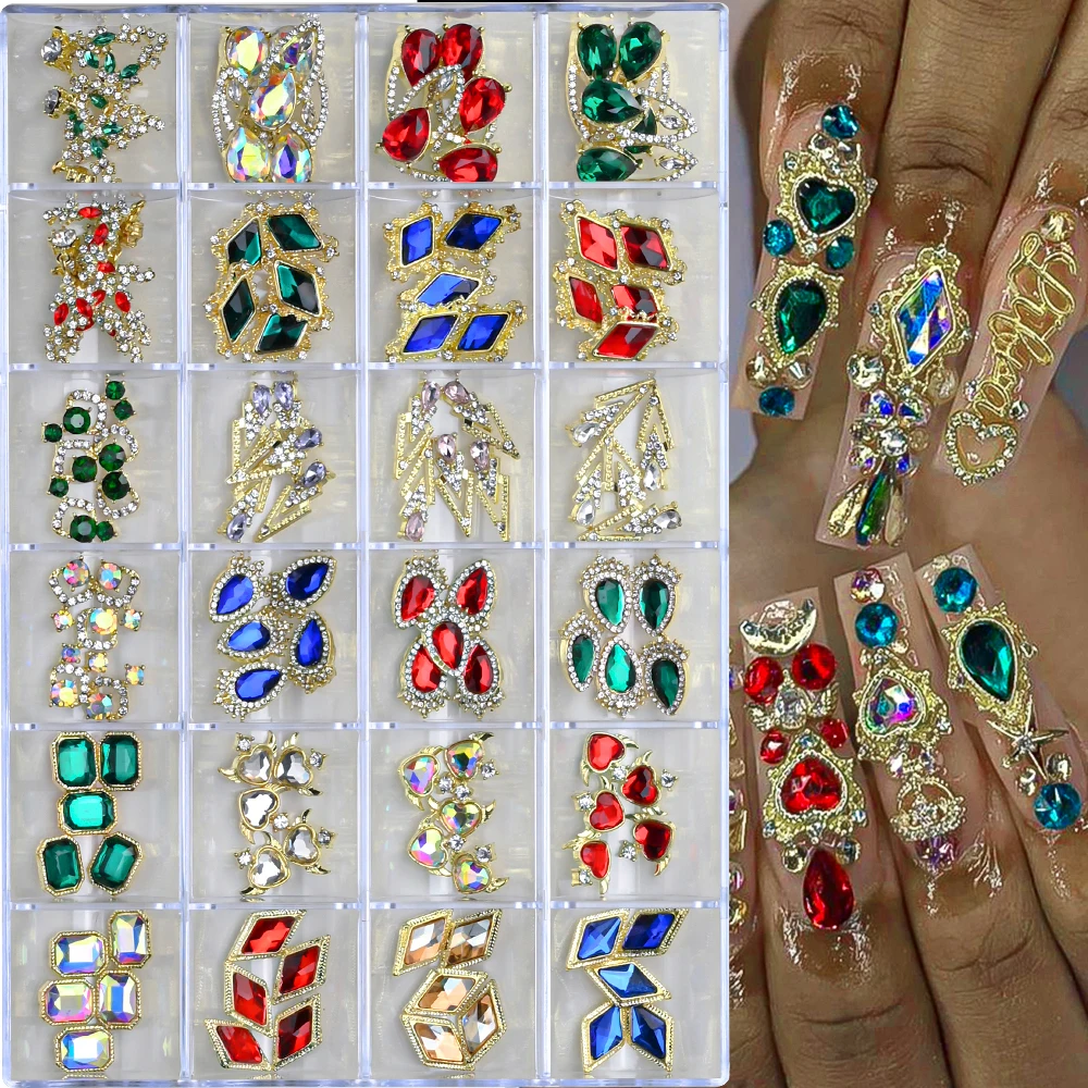 1box Luxury Ruby Shiny Nail Charms Rhinestones Golden Alloy Square Drop Shape Nail Glass Stones DIY Wedding Nails Jewelry Crafts