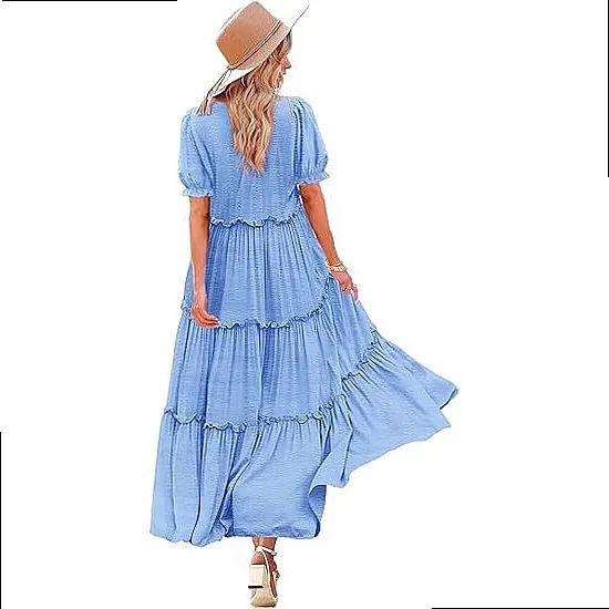 Women's Short Sleeve Ruffle Print Bubble Sleeve Dress, Round Neck Floral Summer Dresses, Casual Swing Mini Dresses