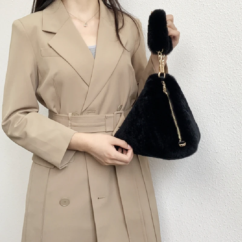 Autumn Winter New Fur Handbags Real Rex Fur Rabbit Fur Plush Triangle Bag