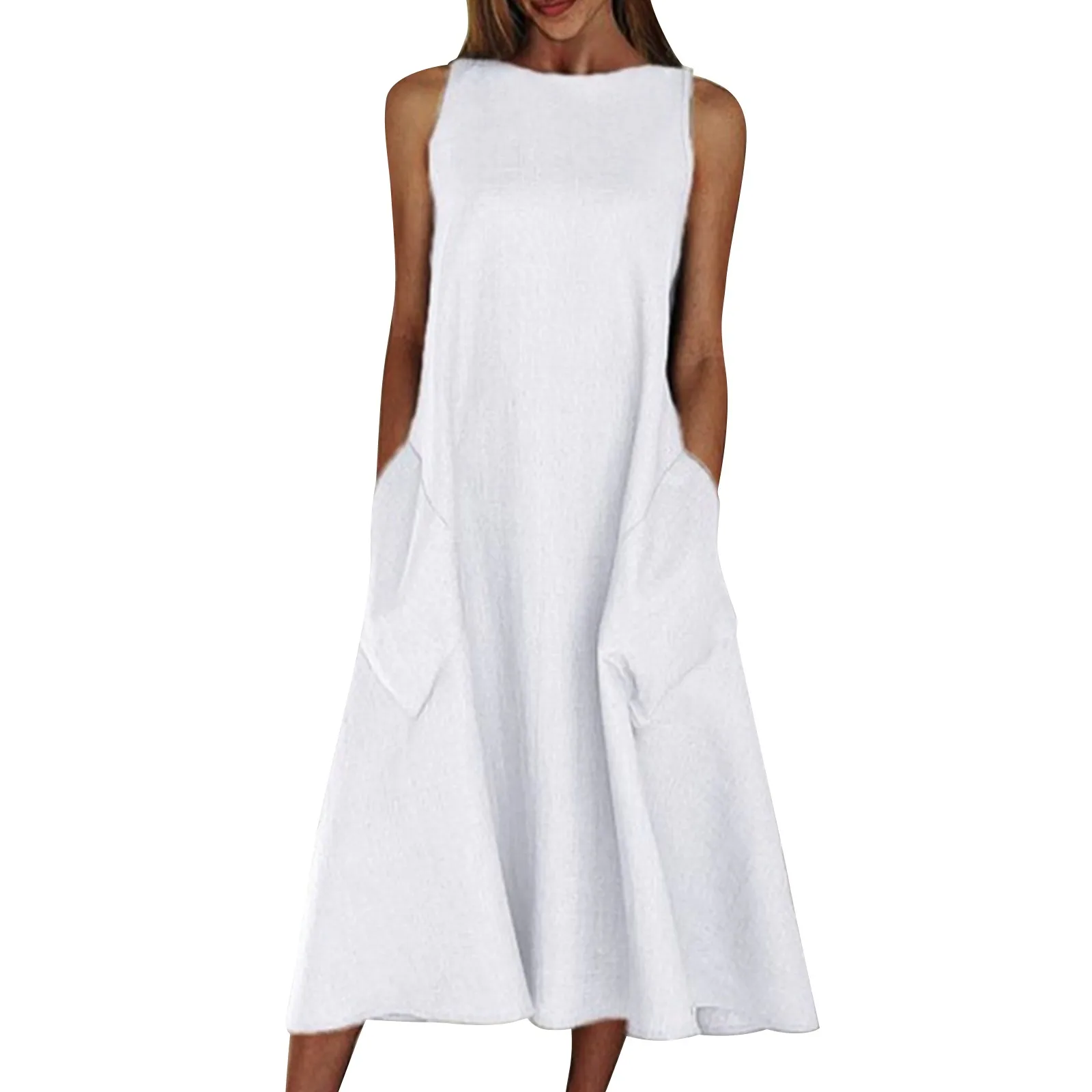 Vestido solto feminino algodão linho cor sólida verão novo maxi vestido sem mangas em torno do pescoço com bolso casual diário vestido longo