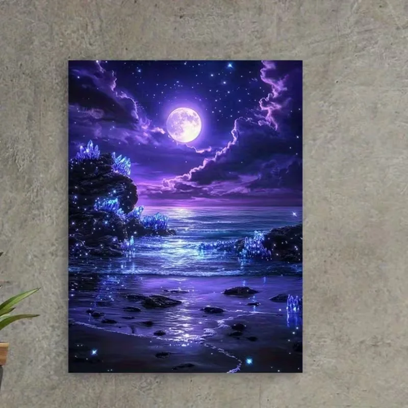 Frameless Canvas Wall Art  - Full Moon on Purple Luminous Beach - Versatile Home Decoration, Suitable for Christmss Wall