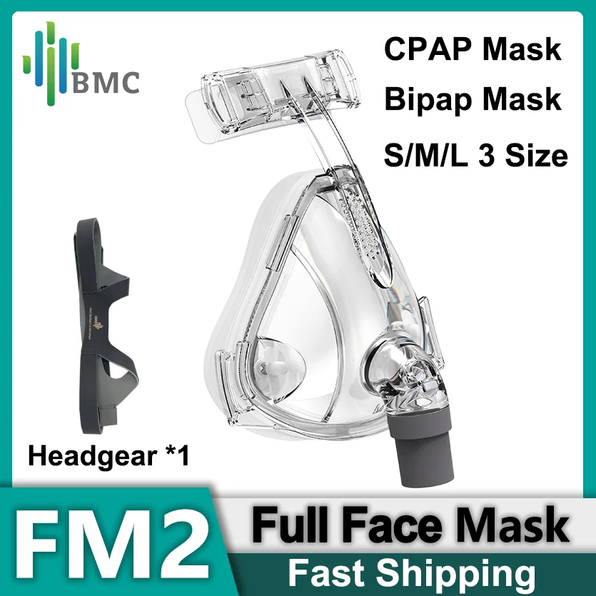 BMC CPAP-Maske FM2 Vollgesichtsmaske für Schlafapnoe Apnoe-Maske Nasenmaske mit Kopfbedeckung