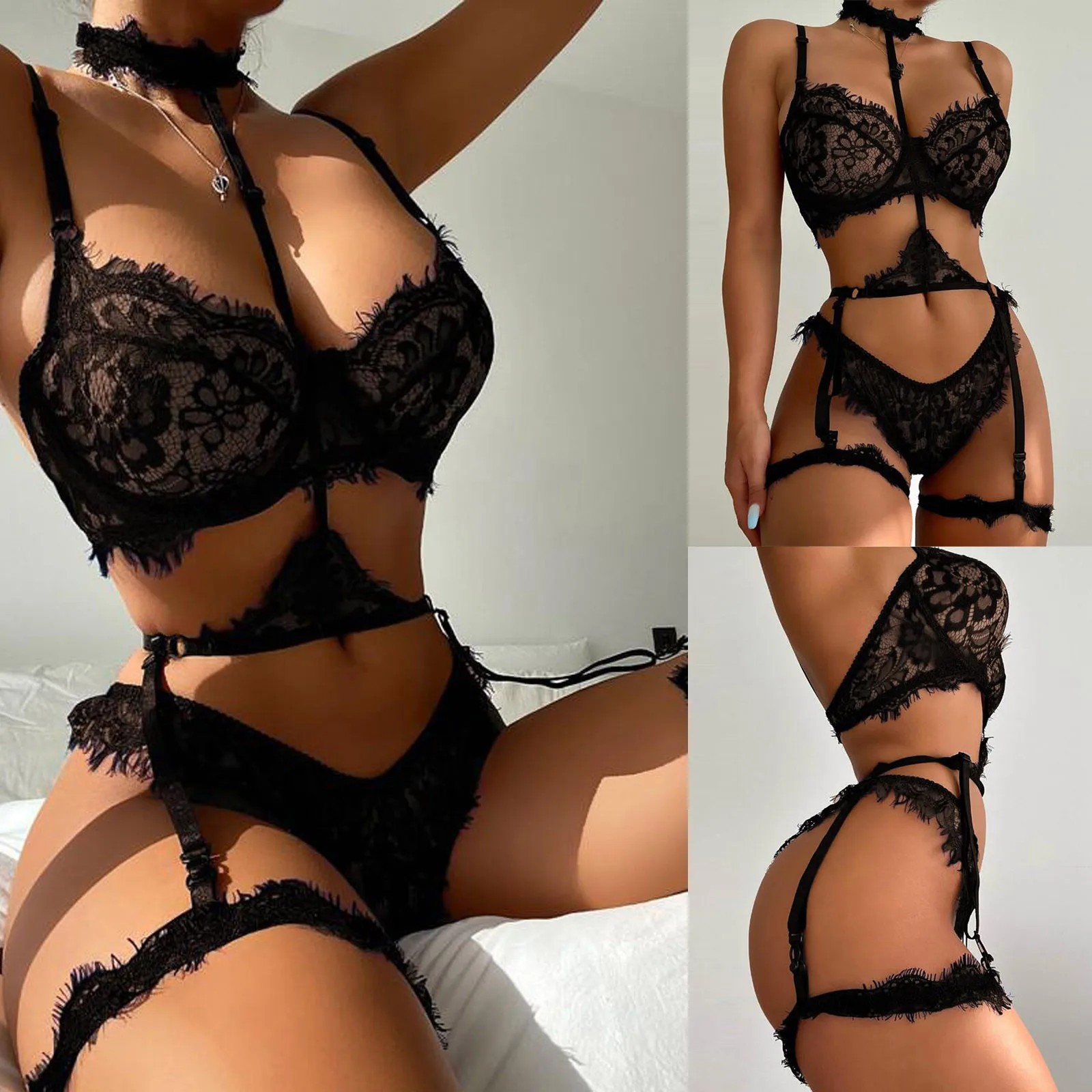 Underwear Sexy Lingerie 3-Pieces Transparent Bra Lace Suit Sexy Garter Belt With Stockings Woman Erotic Intimate Exotic Sets