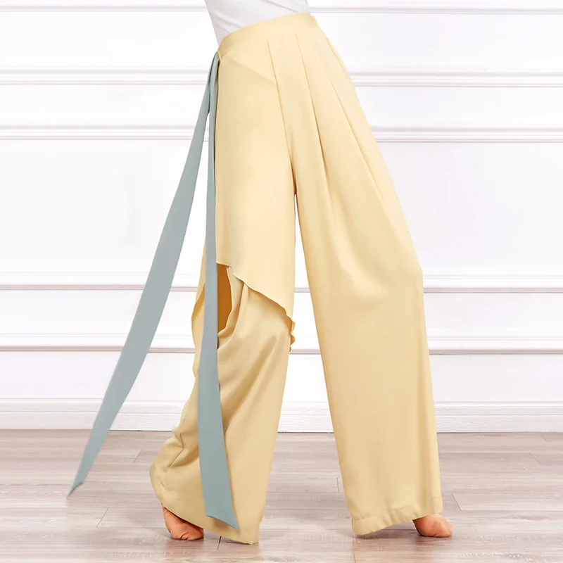 Lady\'s Fairy Classical Dance Pant Wide Leg Chiffon Flowy Pants With Long Belt Contrast Color Modern Dancer Practice Basic Wear