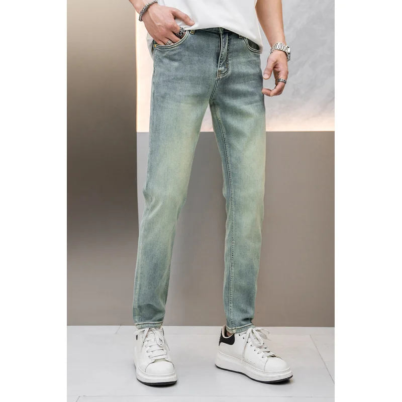 2024 retro blue green high-end jeans men's light luxury casual versatile Korean style slim-fitting small straight stretch long