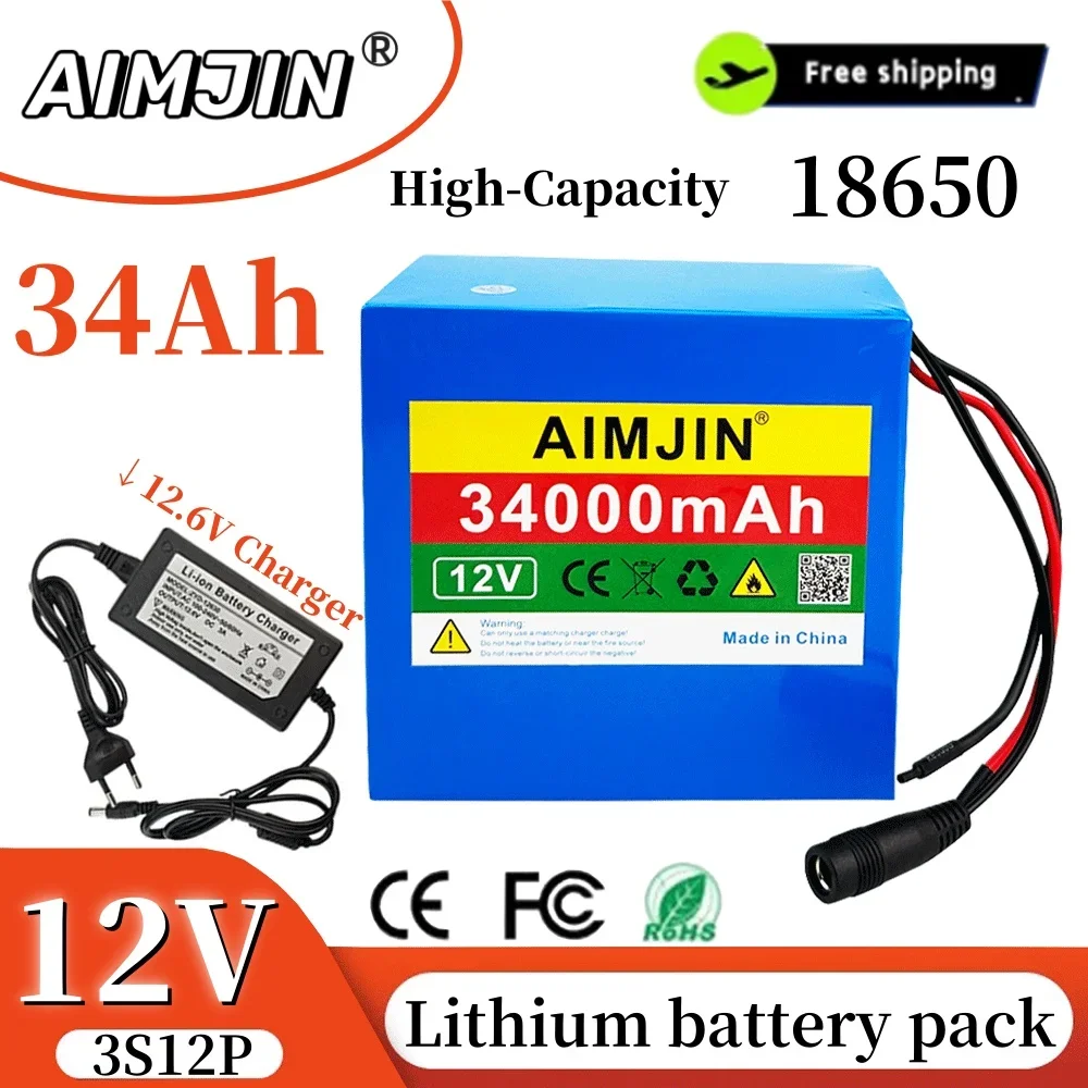 

12V 34Ah 3S12P 12.6V 34000mAh High-power Lithium Battery Pack for Inverter Xenon Lamp Solar Street Light With 12.6V 3A Charger