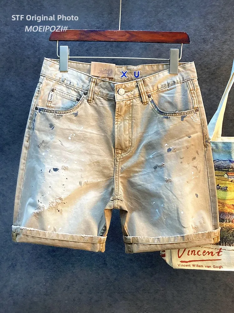 

High Quali Vintage Workwear orts Men's Spring Summer Thin Dyed Loose Casual Five-Quarter Length Trendy Brand