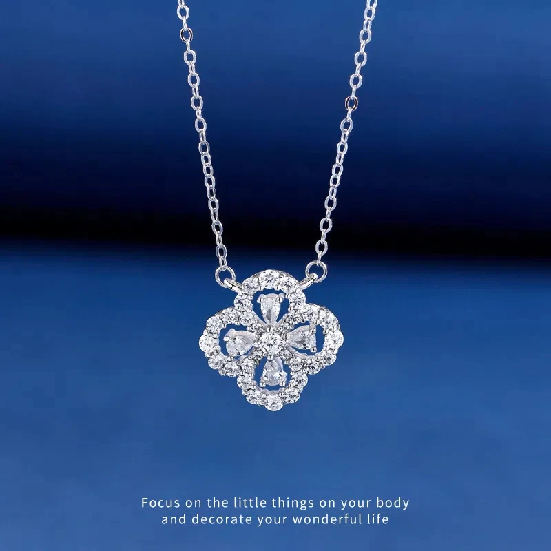 

S925 Sterling Silver Four Leaf Clover Crystal Pendant Necklace For Women Big Stone Clear Zircon Girl Special Birthday Day