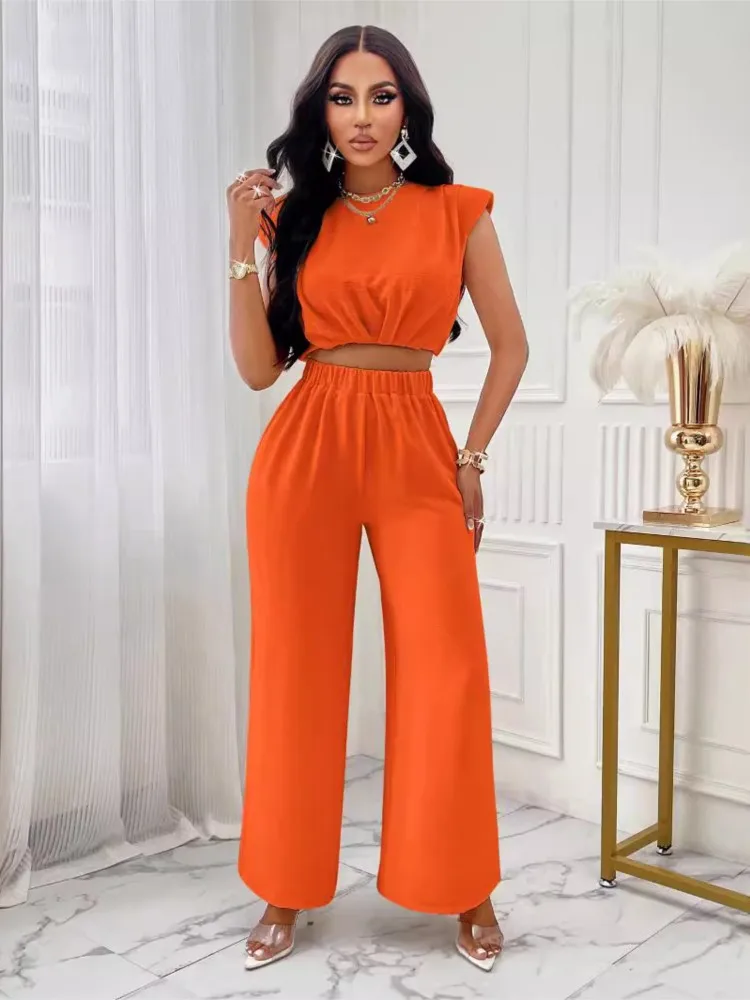 

2024 Summer Women's New Solid Color Casual Round Neck Sexy Sleeveless Short Waist Top Long Elastic Pants Loose Comfort Set