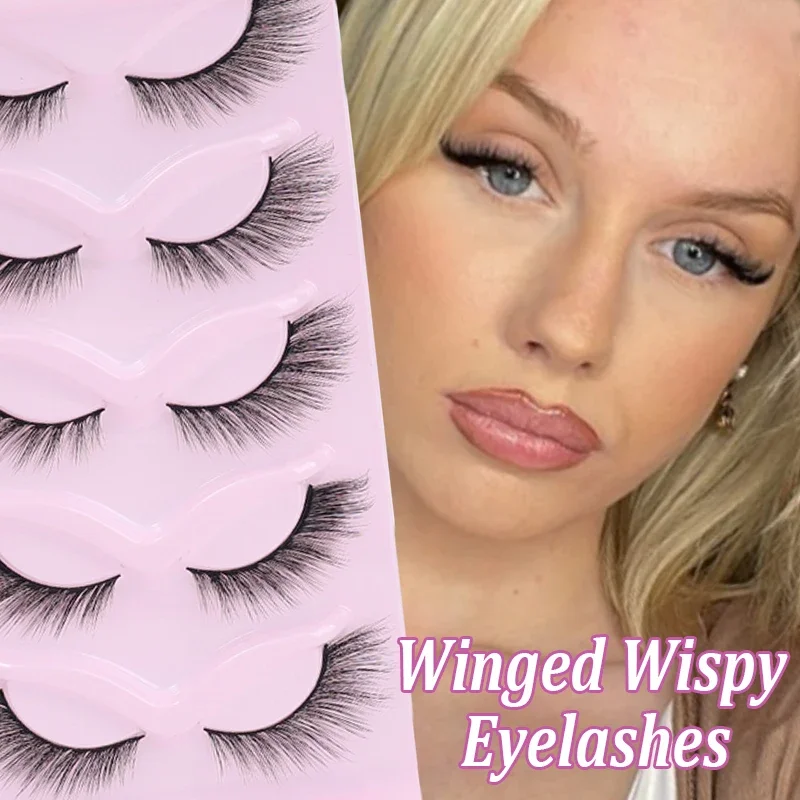 3D Cat Eye False Eyelashes 5 Pairs Short Fluffy Eyelashes Soft Natural Long Strip Lashes Winged End Eye Elongated Lashes Makeup