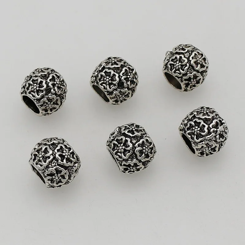 10pcs/lot Vintage Pretty Flower Pattern Big Hole Loose Beads 10mm Bracelets Beards/Wig Alloy Beads Spacers DIY Jewelry Making