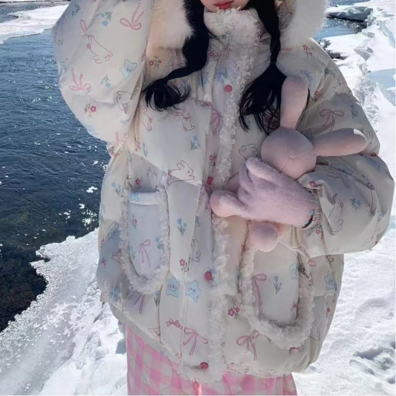 أزياء الكرتون طباعة مقنعين الخبز الملابس النسائية الشتاء تصميم الشعور الباردة واقية سميكة سترة مبطنة بالقطن #3