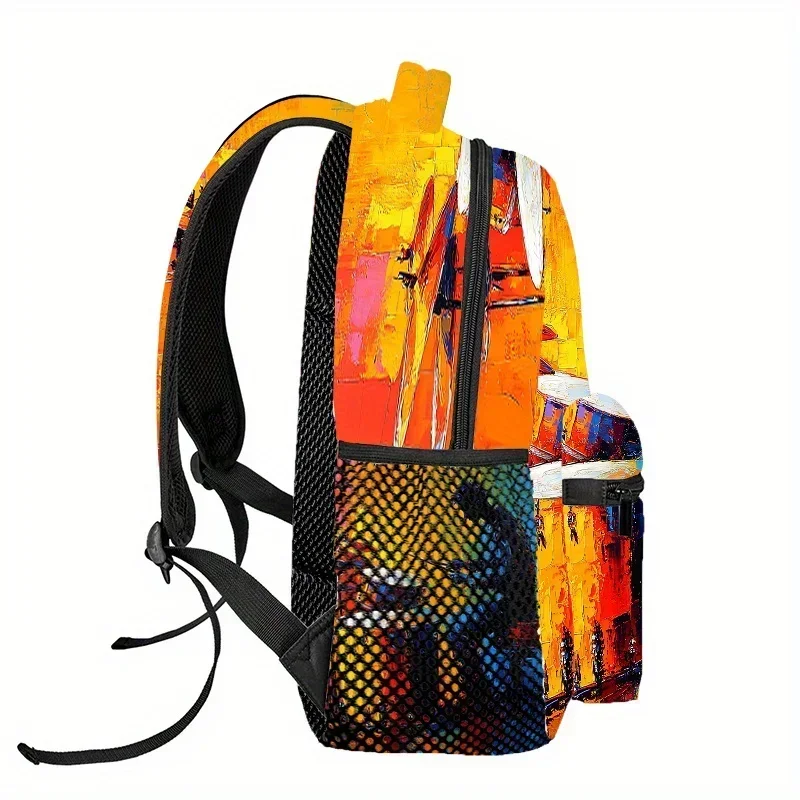 Custom Bag Drum Set And Drummer Backpack - Vibrant Artistic Design, Lightweight Travel & Hiking Daypack With Adjustable Straps,