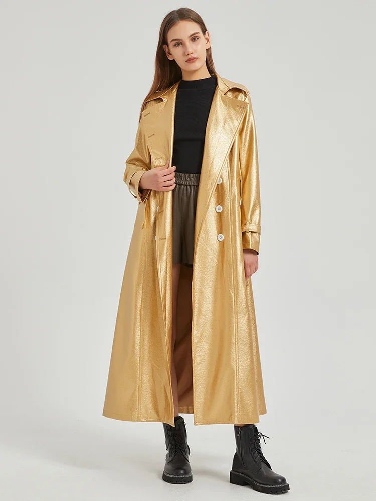 Lautaro-trench coat de couro PU extra longo dourado para mulheres, trespassado duplo, faixas, moda luxo na Europa, primavera e outono, 2024