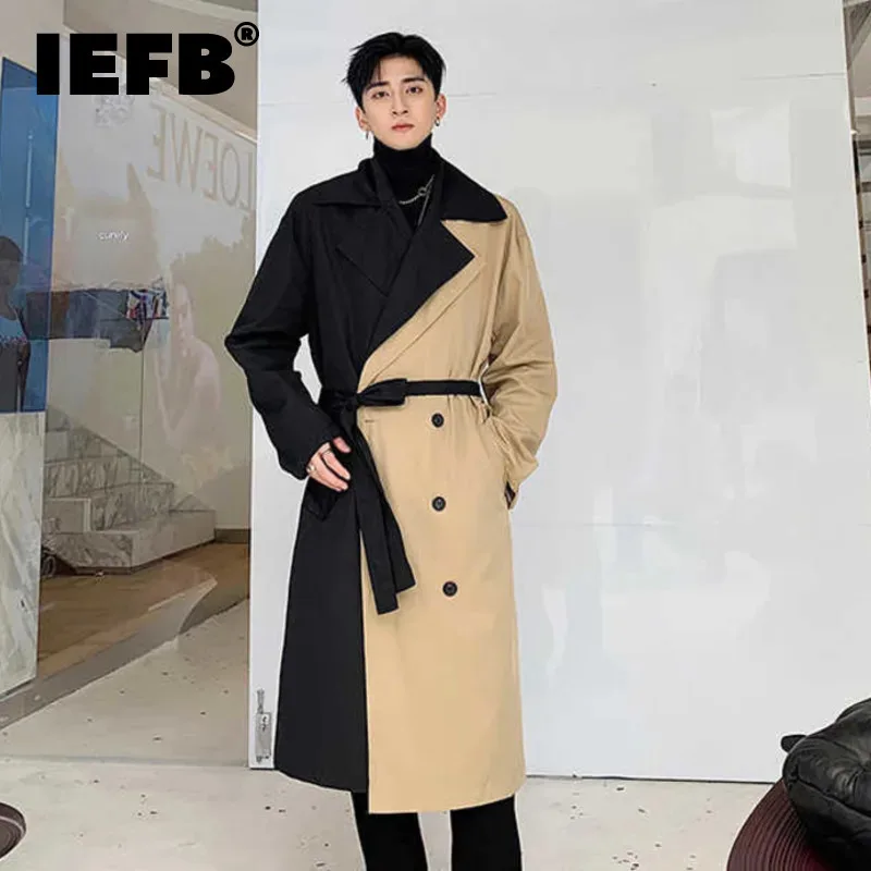 IEFB Korean Style Men's Windbreakers Turn-down Collar Belt Patchwork Double Breastedcontrast Color Overknee Male Trench 9Y189