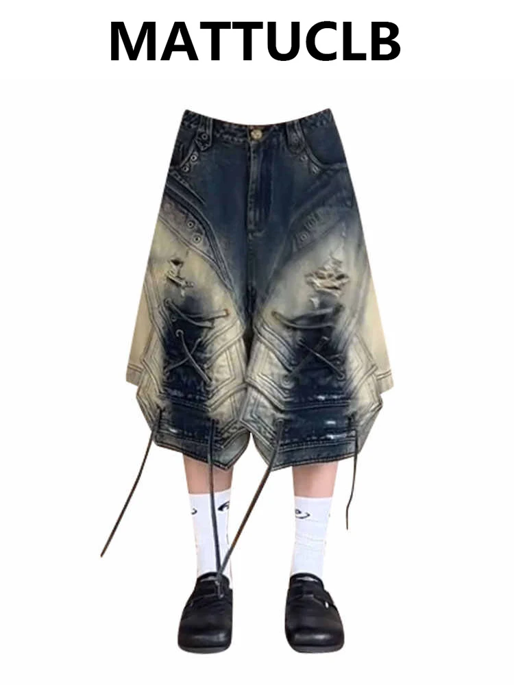 

Summer Women Grunge Goblin Core Denim Jorts Shorts Harajuku Y2k Gyaru Shorts 2000s Cross Bandage Jean Pants Japanese Tomboy New