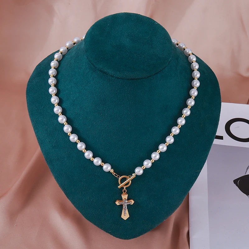 

Big Pearl Crucifix Choker Necklace For Women Love Heart Butterfly Stainless Steel Pendant Collarbone Chain Trend Wedding Jewelry