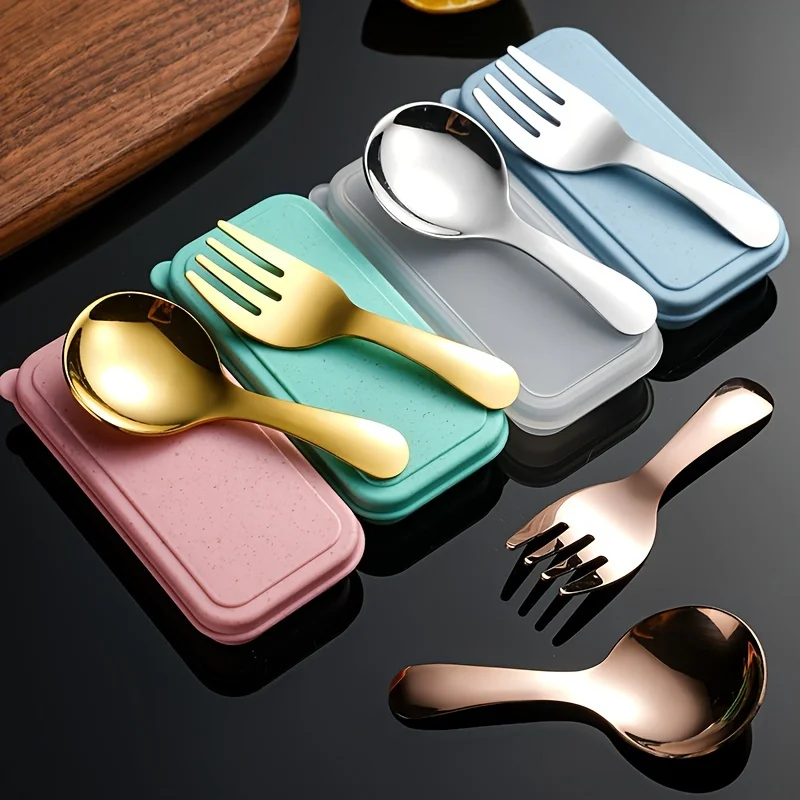 3pcs New Stainless Spoon and Fork Set (Fork+ Spoon+ Box), Party Travel Portable Round Head Spoon Fork, for Ice Cream Cake Fruit