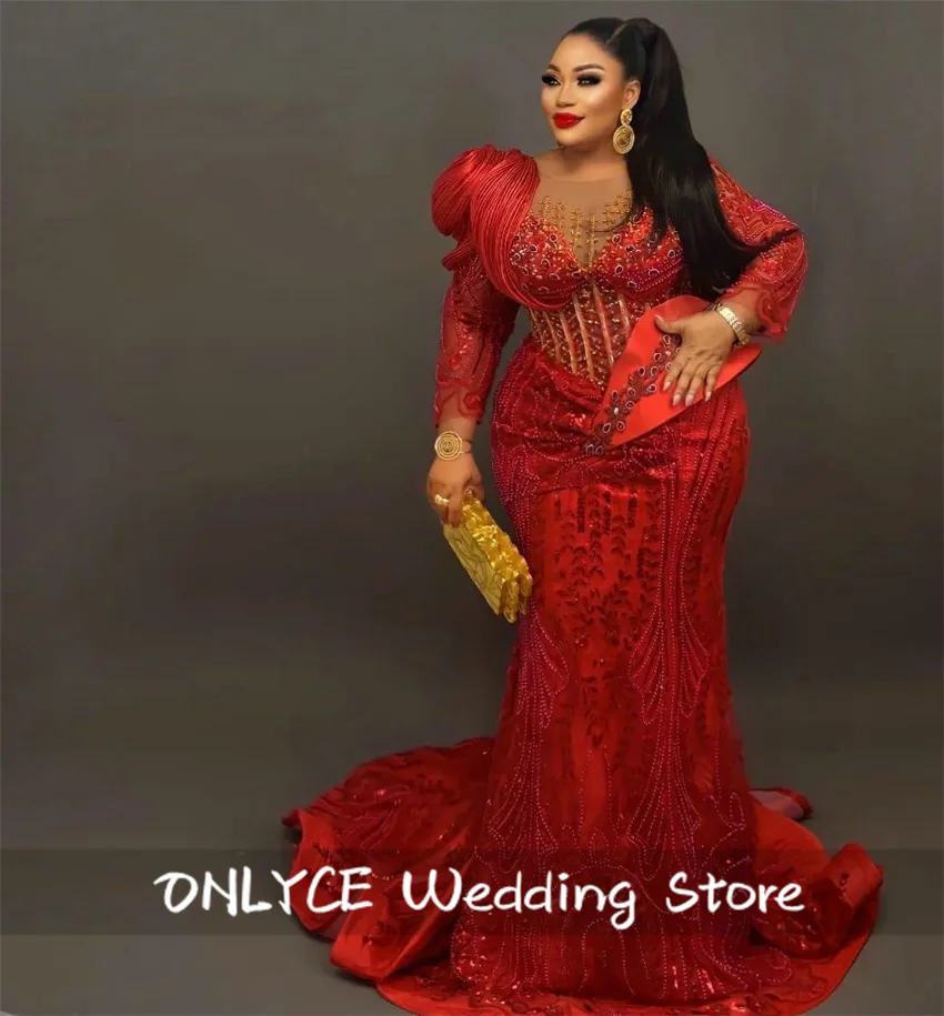 Red Beaded Long Sleeve African Mermaid Evening Dress Aso Ebi Wedding Party Dress See Thru Formal Occasion Dress Customized