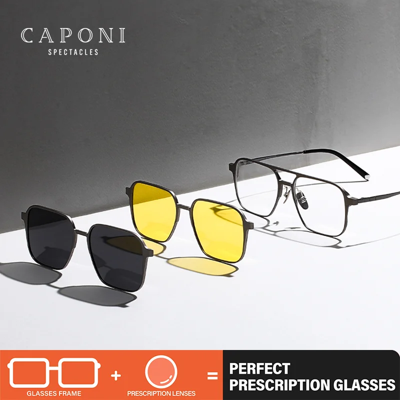 CAPONI Magnetic  Men Glasses Polarized And Night Vision Clip Combine 3 In 1 Eyeglasses Frame Anti Blue Light Glasses PJ7038