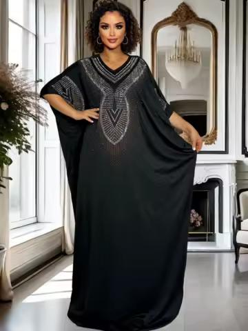 Rhinestone Shiny Flowy Maxi Dress Women's Long Evening Gown Elegant Sparkling Dashiki Dress for Special Occasions