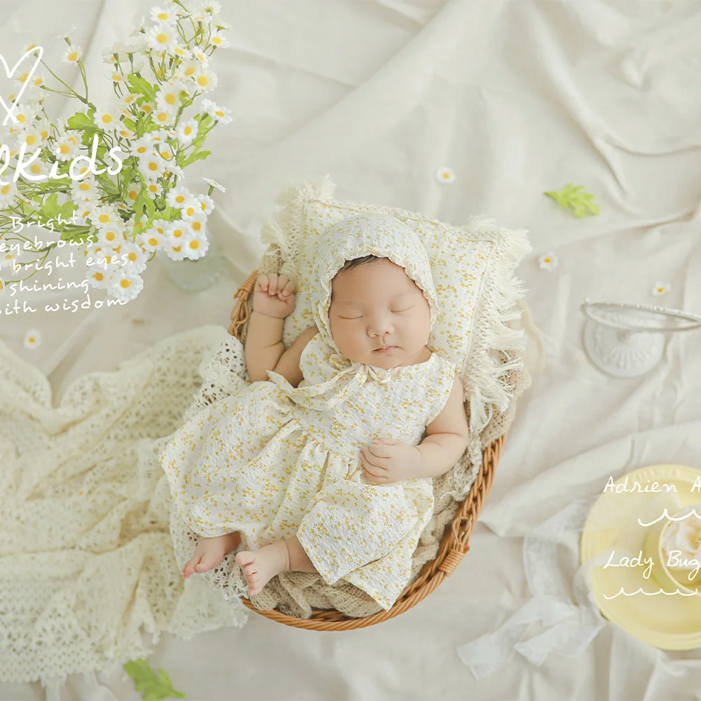 Newborn Girls Clothes Pretty Floral Dress Hat Lace Headscarf Newborn Photography Outfits Pillow Background Blanket Studio Props