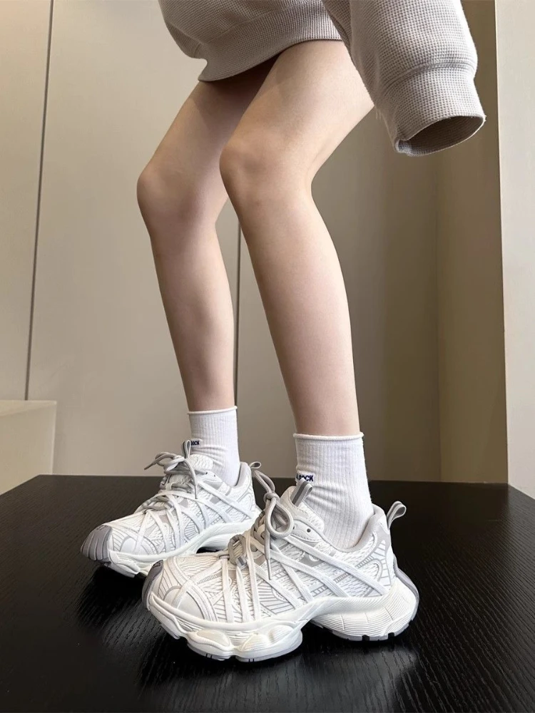 Soft Lightweight Women Dad Shoes European American Style Mesh Distressed Color Wash Thick Sole Sports Casual Versatile Sneakers