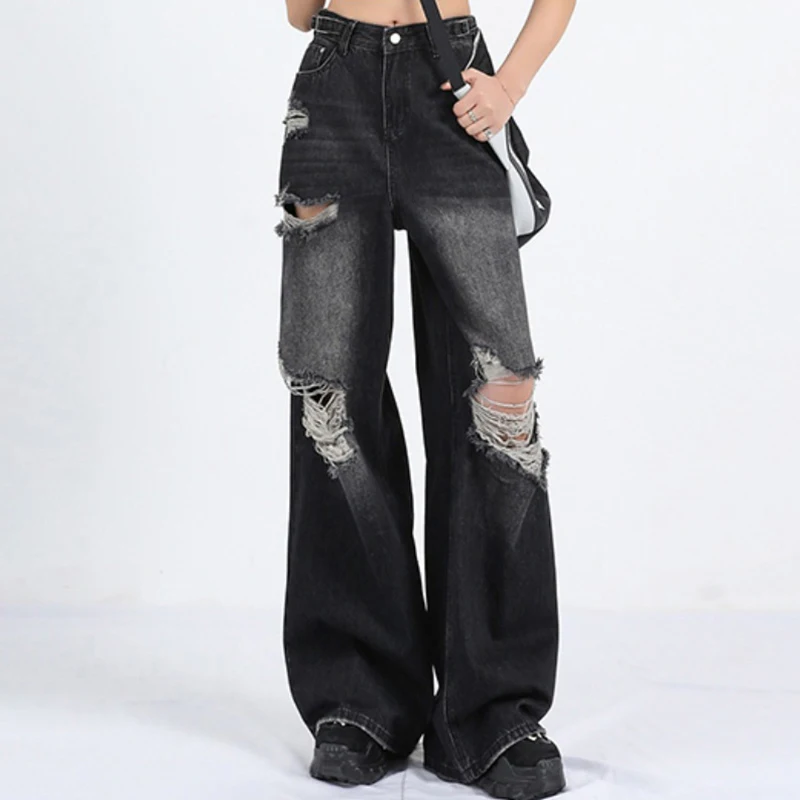 Women's Ripped Jeans Y2K High Street Boyfriend Pants Retro Washed Black Straight Leg Jeans 2024 Street Fashion