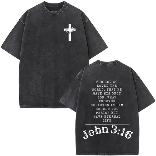 Imagen 2 del producto Camisetas laadas con versículo de la Biblia de Jesús cristiano, camisetas Vintage de gran tamaño a la moda para hombres y mujeres, Camiseta de algodón Harajuku