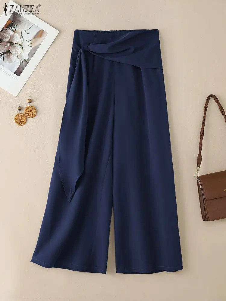ZANZEA Women Fashion Chic Wide Leg Pants Elastic High Waist Ribbon Detailed Solid Color Loose Trousers Commuting Wear Woman Pant