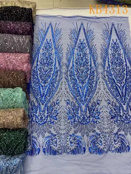 Afrikanischer blaugrüne grüne Spitze, nigerianischer Stoff mit Sequenz, bestickt, Dubai, neuer 2024, Roségold-Perlen-Spitzenstoff zum Nähen, KB4313