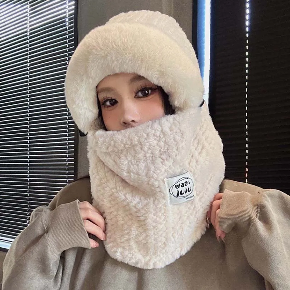 

Fashion Winter Integrated Scarf Cap Soft 4 in 1 Mask Woolen Hat Big Head Circumference Adjustable Pullover Mask Cap Cycling