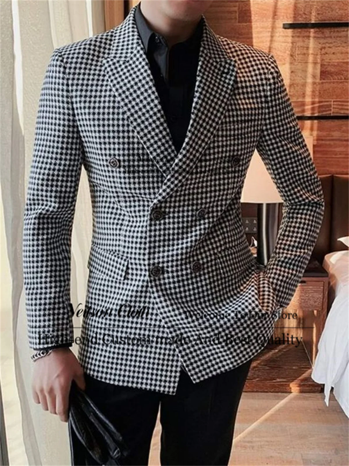 

Gray Peaked Lapel Male Prom Blazers 2 Pcs Sets Houndstooth Groom Wedding Tuxedos Slim Fit Double Breasted Terno Masculino