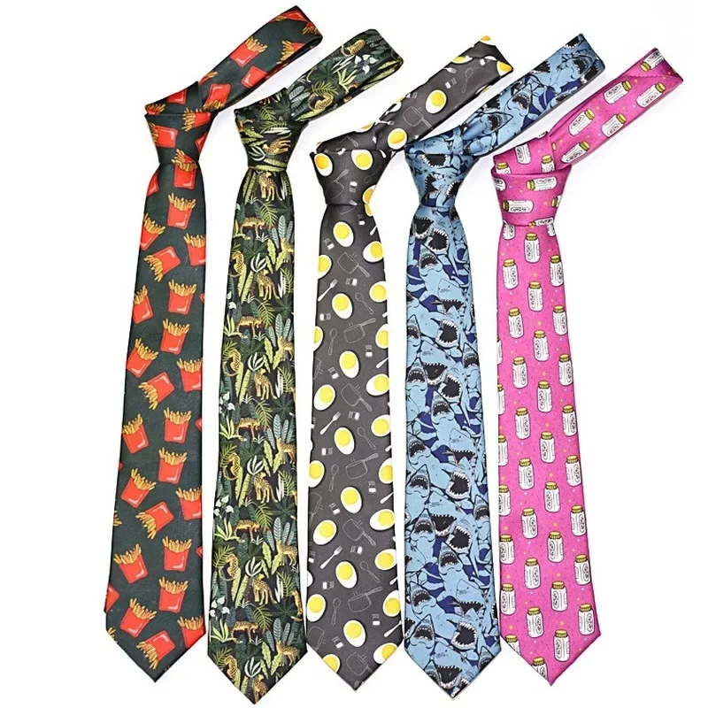 145*7.5CM Printed Tie for Men Fun Creative Design Cartoon Plant Animal Shark Necktie Funny Wedding Party Business