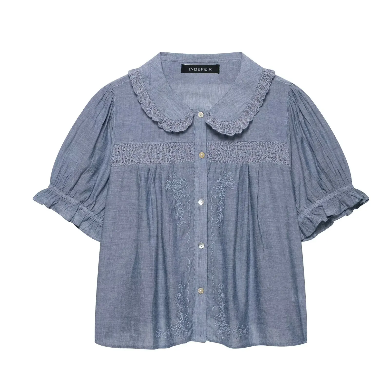 

Korejepo Women Sweet Blouse Spring Summer New European American Flower Embroidered Short Sleeved Shirt Top