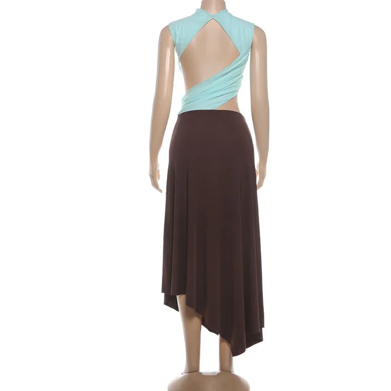 فستان أزرق لقضاء العطلات على الشاطئ للنساء فساتين ماكسي ضيقة بخصر مثير موضة الصيف فستان الحفلات المرقعة 2026