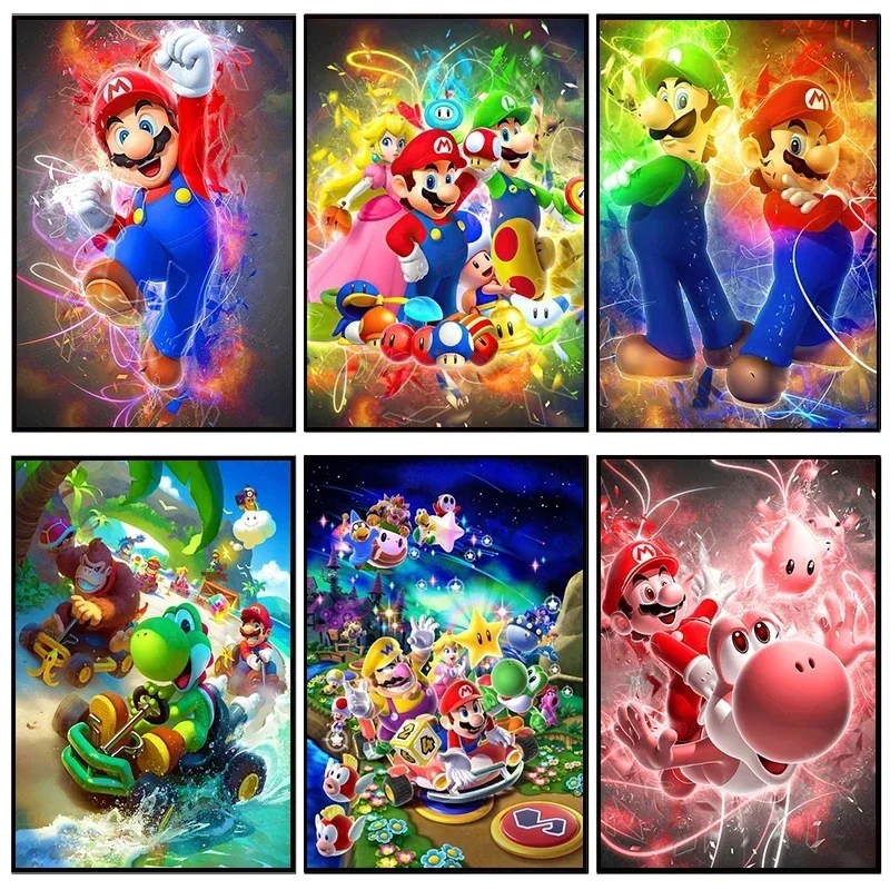 Bandai Japanese Anime Characters Cute Cartoon Character Super Mario Canvas Painting Wall Prints for Children Room Decor