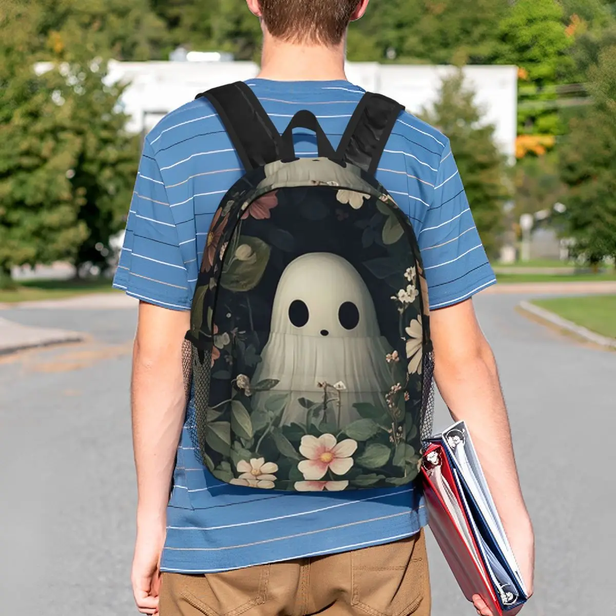 Cute Ghost Surrounded By Wild Flowers Backpack Student BookBag Kids School Bag Laptop Shoulder Bags for Boys Girls