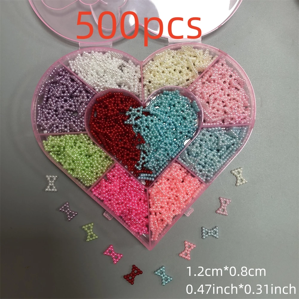 500pcs/Box New Bow Hollow Heart Shape Pearls Nail Charms Diy Portable Fan  Decoration Phone Case Keyboard Ornament Bulk Supply