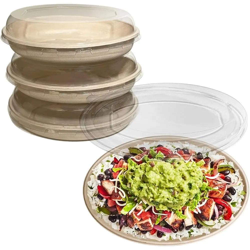 

Compostable 32 oz Oval Burrito Bowls with Dome Lids - Heavy-Duty, Eco-Friendly, Unbleached Natural Bagasse, Heat Resistant, Biod