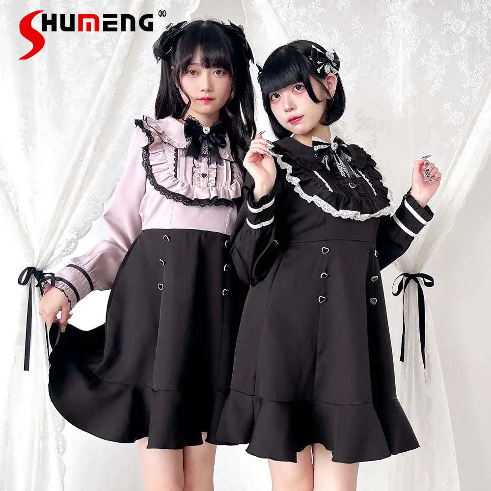 Women's Lolita Dress Womens Japanese Style Sweet Long Sleeve Dress Lady Vintage Fake Two-piece Big Bow Heavy Industry Dress