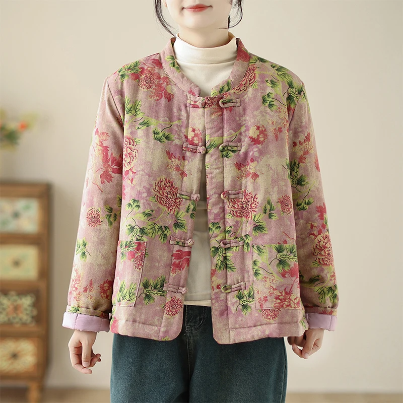 

New Chinese Sle Floral Print Cotton Jaet Women's Winter Retro Buttoned Tang Suit Warm Cotton Coat Outerwear Long Sve