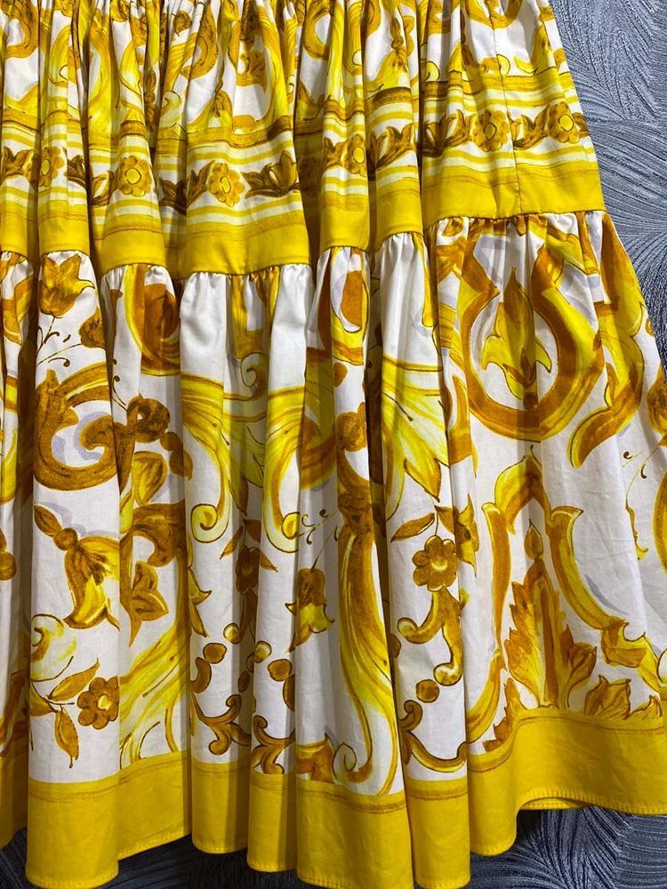 SEQINYY Yellow Suit 100% Cotton High Quality Summer Spring New Fashion Crop Top + Mini Skirt Vintage Flower Print Sicily Casual