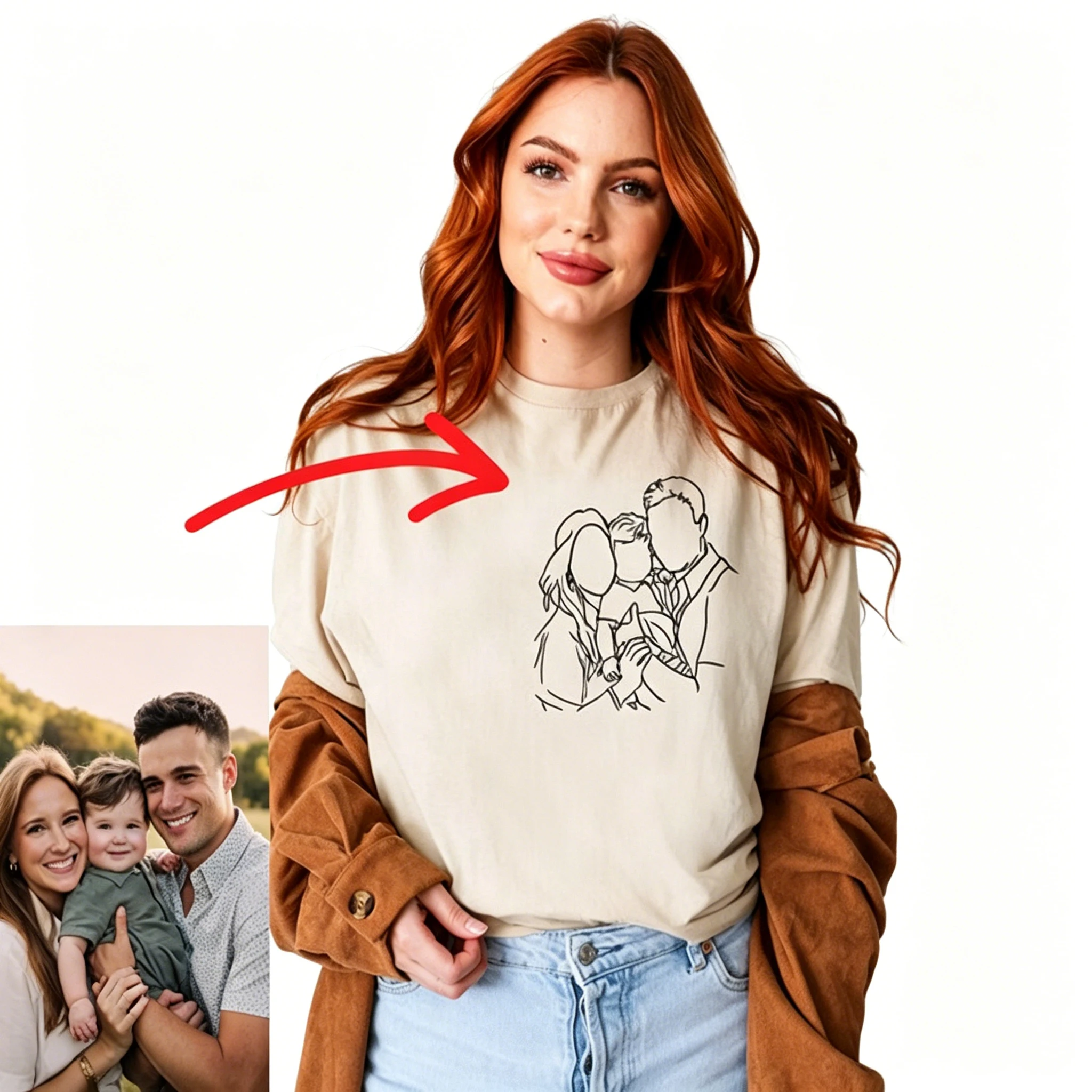 

Classic Crewneck T Shirt Custom Family Portrait Line Art Photo Outline Print Unisex Daily Wear Family Reunion Birthday Gift