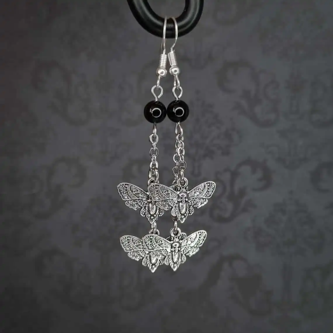 Skull Moth earrings,Gothic jewelry,black beads,Vintage,witchcraft accessories,pagan,death moth,magic,Ear hooks For Women Girls view 3